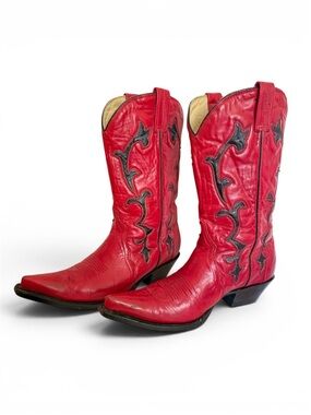 Mezcalero Red Leather Western Cowboy Boots with Black Inlay Design